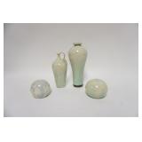 1122	GROUP OF 4 PIECES OF POTTERY W/ MOTTLED STYLE FINISH, INCLUDING A VASE, URN & TWO PAPERWEIGHTS.