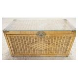 1130	WICKER STORAGE CHEST W/ BRASS CORNERS & HASP, HAS A GLASS TOP. 36 IN W 18 1/4 IN DEEP 18 1/2 H 