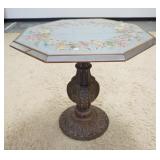 1156	OCTAGONAL PEDESTAL TABLE W/ HAND PAINTED GLASS TOP. PEDESTAL IS CARVED TOP HAS A MIRROR RIM . 3
