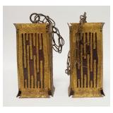 1166	PAIR OF BRASS HANGING PORCH LIGHTS W/ TEXTURED AMBER GLASS PANELS. 5 IN SQ 10 IN IN. ONE OF THE