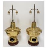 1173	PAIR OF LARGE BRASS ASIAN TABLE LAMPS ON WOOD BASES W/IMPRESSED DESIGNS OF FISH & FLOWERS, 27 /