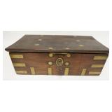 1196	ASIAN HARDWOOD CHEST W/BRASS CORNERS, HANDLES & DECORATIVE INLAY, POSSIBLE MONEY CHEST, 19 1/2 