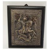 1212	SILVER EMBOSSED PLAQUE ST GEORGE & THE DRAGON *REDEMPTION* MARKED 950 SILVER, 5 1/4 IN X 6 1/4 