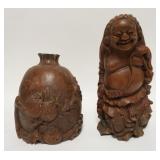1221A	2 CARVED WOODEN ASIAN PIECES, CARVING OF A MAN & WOODEN VESSEL, TALLEST IS 12 1/4 IN HIGH	50	1