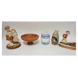 1233	5 PIEC LOT, GERMAN STEIN, 2 COMPOSITE FIGURINES, MODERN POTTERY COMPOTE, GERMAN COVERED JAR	25	