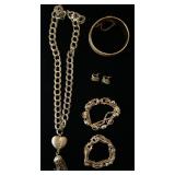 1259	2 TRIPLE STRAND BRACELETS, HEART CHAIN NECKLACE, TRICOLOR CUFF BRACELET AND EARRINGS	50	100	10	