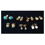 1266	LOT OF 7 PAIRS OF EARRING, GREEN STONE PAIR MARKED 14K, PEARL STUDS, AQUAMARINE STUDS, GOLD BAL