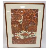 1282	FRAMED SIGNED ASIAN PRINT DEPICTS FRUIT TREES & ORCHARD WORKERS, 25 1/2 IN X 32 1/2 IN INCLUDIN