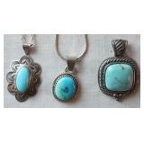 1001	GROUP OF 3 TURQUOISE STERLING SILVER NECKLACES, 1 MARKED C WYLIE WITH UNMARKED CHAIN, 1 MARKED 