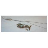 1006	ABALONE MOTHER OF PERAL FISH BOTTLE OPENER AS FOUND WITH LOSSES, UNMARKED SILVER METAL FLEXIBLE