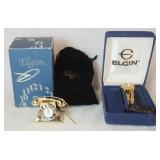 1012	ELGIN GOLD NUGGET STYLE WATCH NIB AND  TELEPHONE MINI DESK CLOCK WITH BOX AND POUCH.