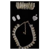 1017	VINTAGE CORO RHINESTONE NECKLACE AND BRACELET SET, UNMARKED RHINESTONE HEART AND EARRING SET.