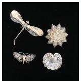 1026	4 STERLING SILVER PINS INCLUDING DRAGON FLY MARKED MEXICO 925, JEWELART FLORAL PIN, BUTTERFLY P