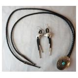 1038	STERLING SILVER AND TURQUOISE BOLERO NECKTIE WITH STERLING SILVER ENDS AND STERLING SILVER BOLE