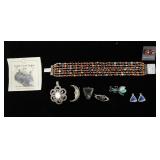 1048	LOT OF STERLING SILVER INCLUDING 4 PINS, PAIRS OF EARRINGS, CARNELIAN AND STERLING HAND MADE BR