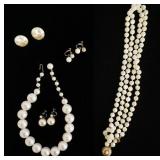 1085	LOT OF FAUX PEARL/BEADED JEWELRY. LOT INCLUDES A NECKLACE & TWO PAIRS OF CLIP ON EARRINGS SIGNE