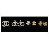 1123	3 PAIRS OF COCO CHANEL LIKE EARRINGS AND A PIN, NO MARKINGS FOUND