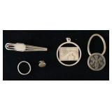 1124	STERLING SILVER LOT INCLUDING A KEY RING, RING, HOPE NECKLACE CHARM, TIE CLASP AND W. C. FINCK 