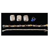 1129	2 GEMSTONE BRACELETS, EARRING AND PENDANT SET AND AN ENAMELED STERLING SPOON RING. NO MARKINGS 