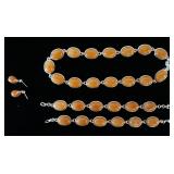 1134	STERLING SILVER CORAL OR MOONSTONE  TYPE JEWELRY, NECKLACE, BRACELET AND EARRINGS