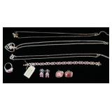 1136	STERLING SILVER PINK STONE JEWELRY INCLUDING 3 NECKLACES, 2 PAIRS OF EARRINGS, A BRACELET AND A