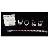 1137	STERLING SILVER PINK STONE JEWELRY INCLUDING 1 NECKLACE AND EARRING SET, 2 PAIRS OF EARRINGS, A