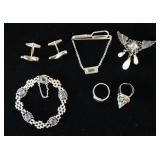 1138	LOT OF MISC JEWELRY INCLUDING MARKED STERLING SILVER TIE CLASP, UNMARKED CUFF LINKS, 2 RINGS, D