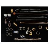 1144	LARGE MISC JEWELRY LOT INCLUDING 4 STACKABLE RINGS, DELF TYPE JEWELRY, BULLET PIN, MISC CHAINS,