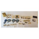 1187	LOT OF MISCELANIOUS ITEMS INCLUDING A JAR MARKED HENRIETTE , CUFF LINKS, BUTTON COVERS, SCARF R