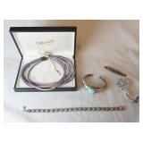 1188	LOT OF JEWELRY W/ STERLING SILVER, LOT INCLUDES TWO BRACELETS, THREE BROOCH PINS & A MASUR