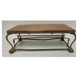 1002	COPPER, BRASS & IRON TRIVET, HANDMADE, BALL FEET, TOP SURFACE IS 16 3/4 IN X 8 7/8 IN, 6 1/2 IN