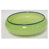 1007	CZECH TANGO GLASS BOWL, GREEN W/BLUE RIM, POLISHED PONTIL, 11 IN DIAMETER, 3 3/4 IN HIGH
