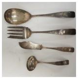 1008	4 PIECES STERLING SILVER FLATWARE, HAMMERED PATTERN, NOT MONOGRAMMED, LONGEST IS 8 3/4 IN, 7.6 
