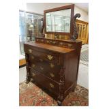 1010	EMPIRE/VICTORIAN CARVED MAHOGANY STEP BACK DRESSER W/BEVELED MIRROR, HAS CLAW FEET, ACANTHUS CA