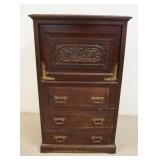 1018	CARVED VICTORIAN ABATTANT, HAS BRASS TRIM, 3 DRAWERS, 26 3/8 IN WIDE X 44 3/4 IN HIGH