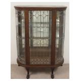 1019	OAK LEADED GLASS CHINA CABINET, CURVED SIDES, MIRROR BACK & GLASS SHELVES, 39 1/2 IN WIDE X 54 