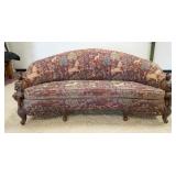 1020	CARVED UPHOLSTERED SOFA W/KNIGHT POSTS, HAS UNICORN & DOG UPHOLSTERY, KNIGHTS ARE ACCENTED W/GO