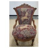 1021	CARVED WALNUT VICTORIAN SIDE CHAIR, RENAISSANCE REVIVAL, HAS UNICORN UPHOLSTERY, 22 1/2 IN WIDE