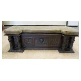 1023	FIGURAL CARVED WINDOW BENCH W/LIFT SEAT, HAS CUSTOM MADE CUSHION, 67 1/2 IN WIDE