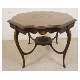 1025	INLAID TABLE W/SCALLOPED TOP & SKIRT, CABRIOLE LEGS, SOME INLAY MISSING ON THE OUTER EDGE, 36 I