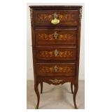 1028	MARBLE TOP FLORAL INLAID LINGERIE CHEST, BEVELED BROWN MARBLE, 4 DRAWERS, 22 1/2 IN WIDE X 51 1