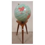 1036	REPLOGLE GLOBE ON MID CENTURY MODERN WOODEN STAND, 33 1/2 IN HIGH