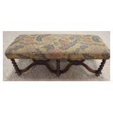 1041	WINDOW BENCH W/TWIST LEGS & STRETCHER BASE, UPHOLSTERED TOP IS FRAYED, 46 IN X 18 IN X 19 IN HI