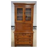 1043	STEP BACK COUNTRY FALL FRONT DESK, 2 PIECE, HAS 5 DRAWERS & 2 GLASS DOOR TOP, 39 IN WIDE X 82 1