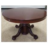 1047	MAHOGANY PEDESTAL TABLE W/MASSIVE BALL & CLAW FEET, HAS TWO 9 1/4 IN LEAVES, 48 1/4 IN DIAMETER