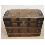 1059	DOME TOP VICTORIAN TRUNK W/INSERT & LITHO, HANDLES MISSING, 32 1/2 IN X 20 1/4 IN X 26 IN HIGH