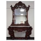 1065	HEAVILY CARVED MARBLE TOP CONSOLE W/LARGE HANGING MIRROR, APPROXIMATELY 57 IN WIDE X 30 1/4 IN 
