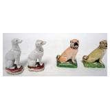 1105	2 PAIRS STAFFORDSHIRE TYPE SMALL DOGS, TAIL REPAIRS, ONE BASE ON THE WHITE PAIR IS UNEVEN. TALL