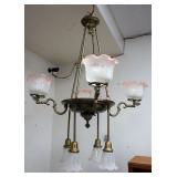 1109	VICTORIAN STYLE HANGING LIGHT FIXTURE WITH 8 ETCHED GLASS SHADES, APPROXIMATELY 48 IN HIGH