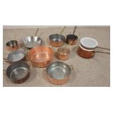 1125	LARGE LOT OF ASSORTED COPPER COOKWARE, DOUBLE BOILER LINER IS CRACKED
